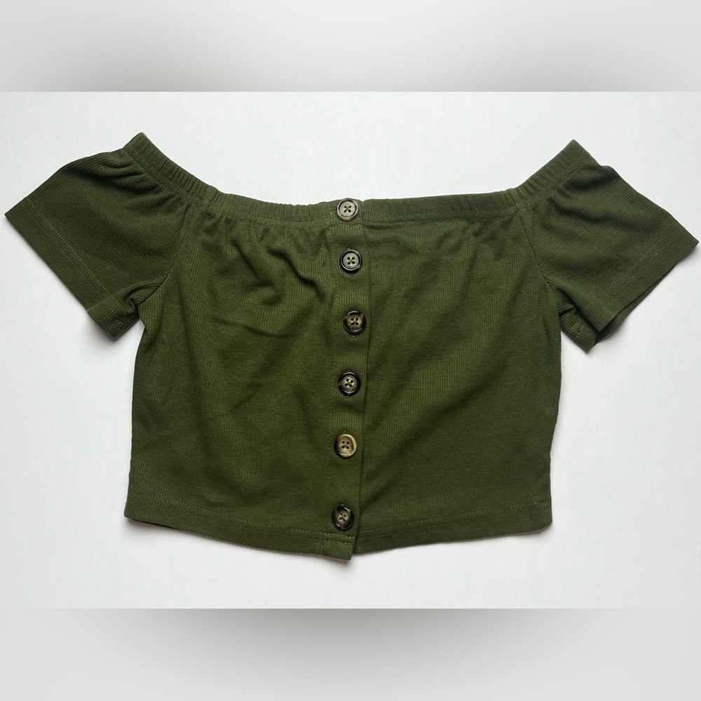 Olive/ Army green off the shoulder button shirt